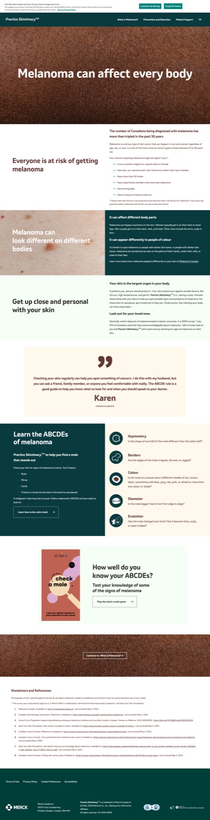 Practiceskintimacy.ca homepage — Melanoma can affect every body
